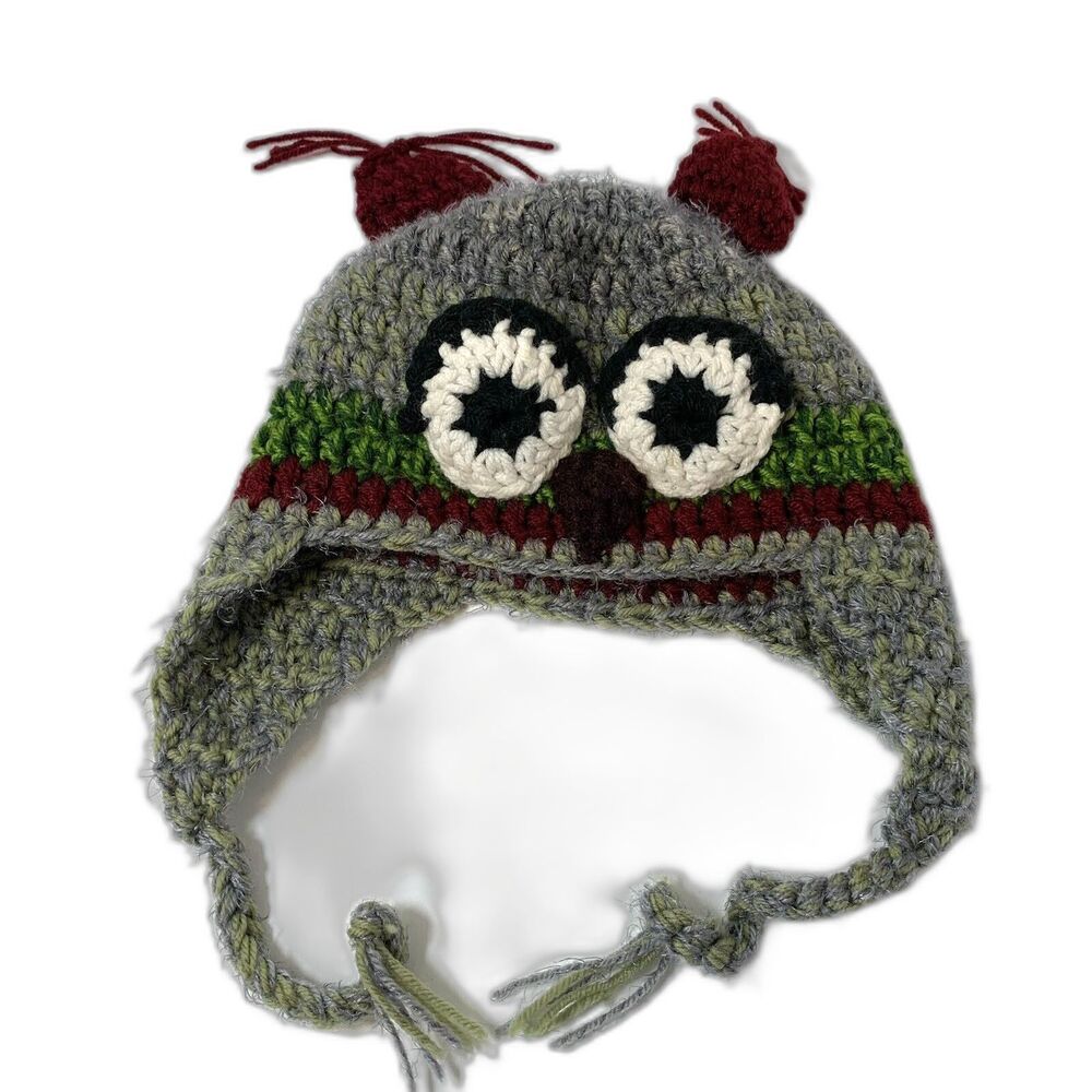 Gray Green Red Handmade Monster Beanie Winter Knit Hat with Ear Flaps
